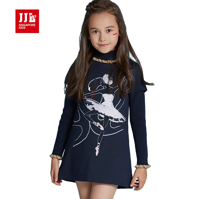 girls winter dress kids dress dark blue girls party dress kids clothes