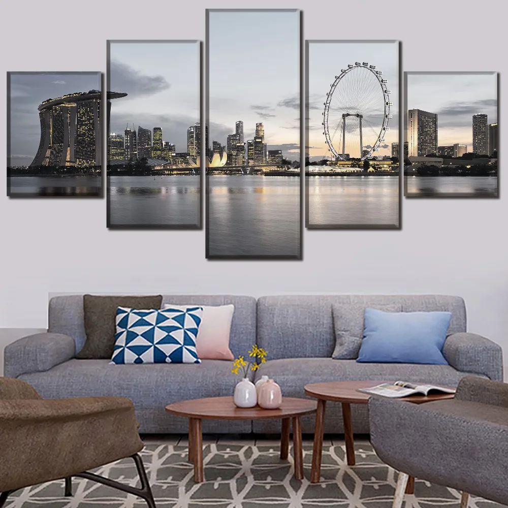 

5 Pieces Singapore City Canvas Printed Skyscrapers Painting Home Decorative Poster Wall Art Pictures For Living Room Framework