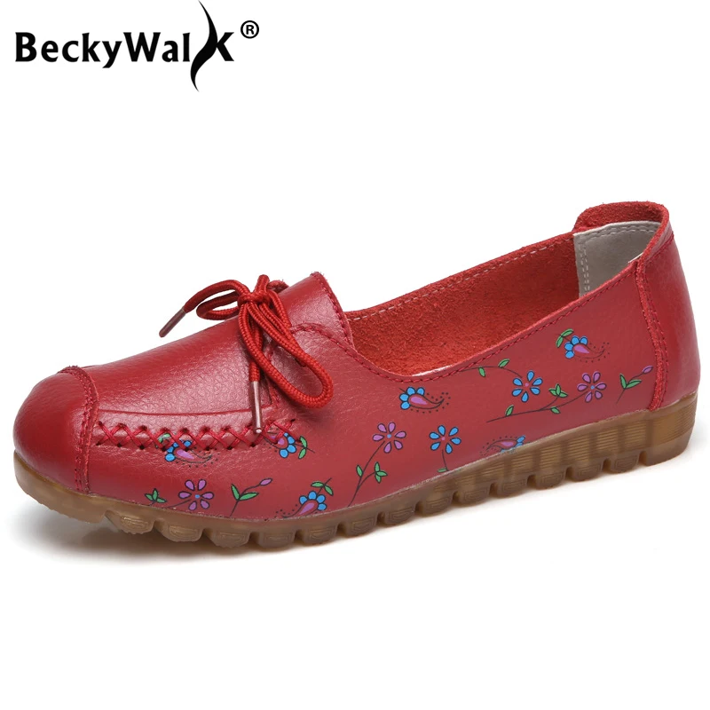 

BeckyWalk New Autumn Print Genuine Leather Women Flats Soft Comfortable Flat Shoes Women Slip On Loafers Zapatos Mujer WSH2706