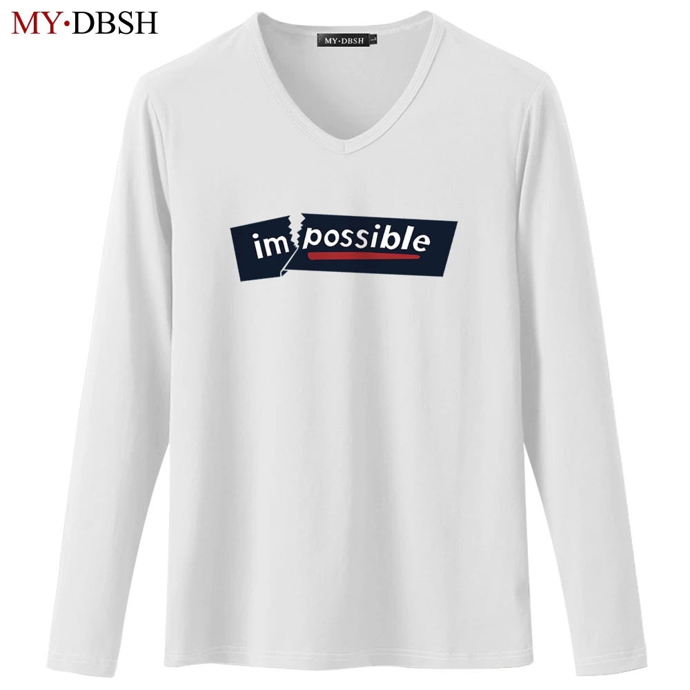 

Printed Impossible T-shirts 2019 Summer New Style Men Long Sleeve T Shirts Casual V Neck Fashion Brand Slim Tees Shirts For Men