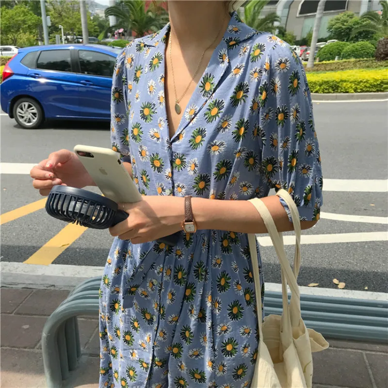 

Women Summer Long Floral Dress V Neck Maxi Vestidos Blue Casual Robe Longue Femme Ete Sukienki Sommerkleid loose Sundress