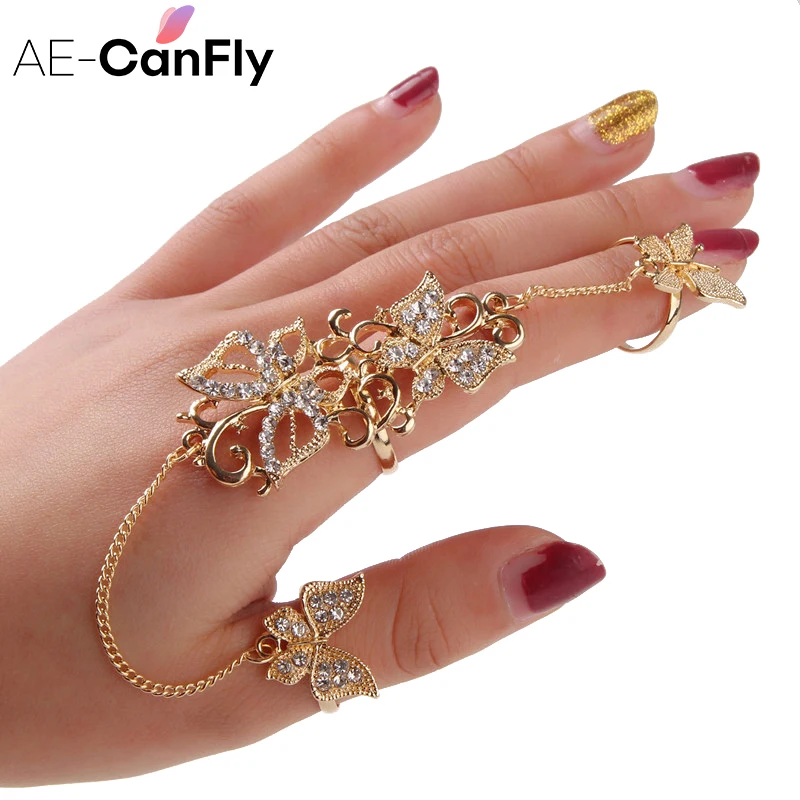 AE CANFLY Стразы Цветы бабочки полные кольца на палец для женщин золотые звенья