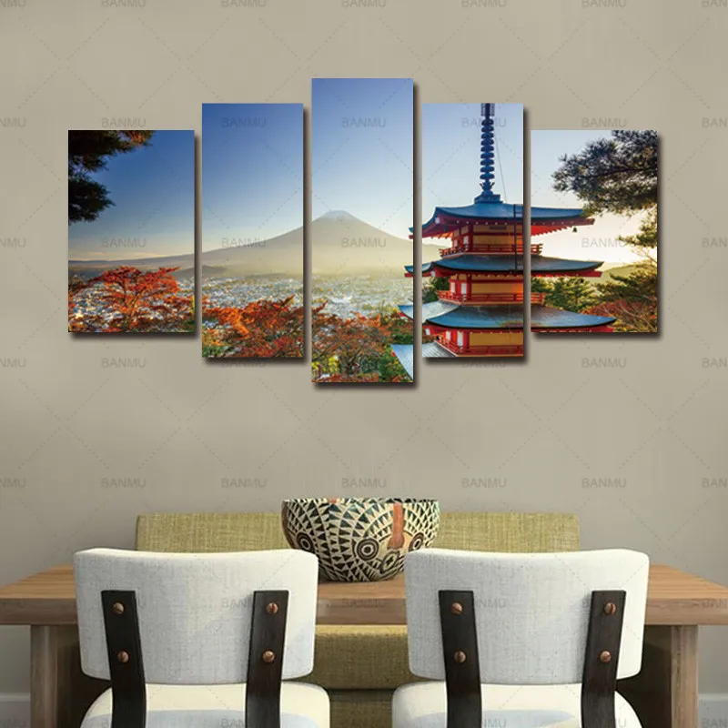 

Canvas Painting Wall Art Chureito Pagoda 5 Pieces Modern In Autumn Fujiyoshida Japan Landscape Mountain Print On Canvas no frame