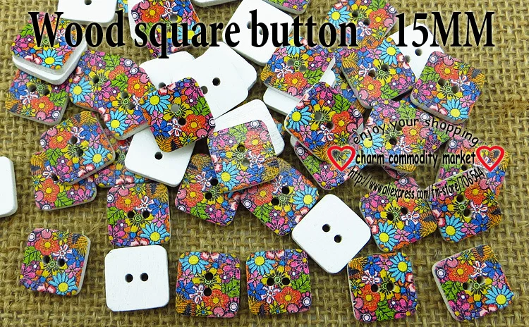 

100PCS 15MM colour flower shape Square wooden painting buttons coat boots sewing clothes accessories MCB-725