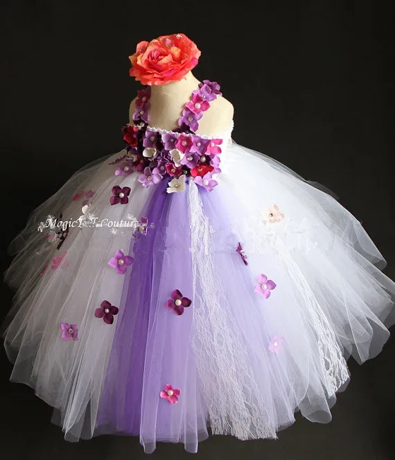 

white Flowers Girls Dress Party Lace Dress Girl Tutu Dress For Wedding /Birthday/Festival size 2T-12Y Customize