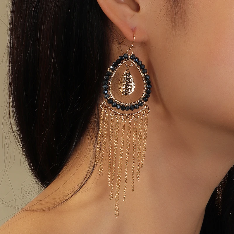 

8Seasons New Fashion Gold Color Tassel Long Dangle Earrings Black Rhinestone For Women Wedding Party Jewelry 11cm x 3cm, 1Pair