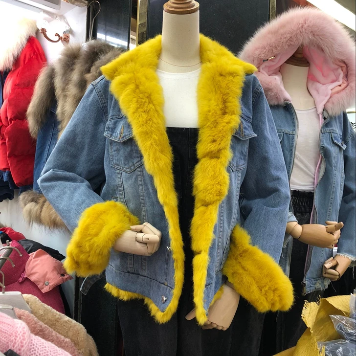 Kopen 2018 Winter Natuurlijke Bontkraag Denim Jas Vrouw Nieuwe Mode Real Paars Haar Kraag Verdikking Plus Katoen gevoerde Jeans parka