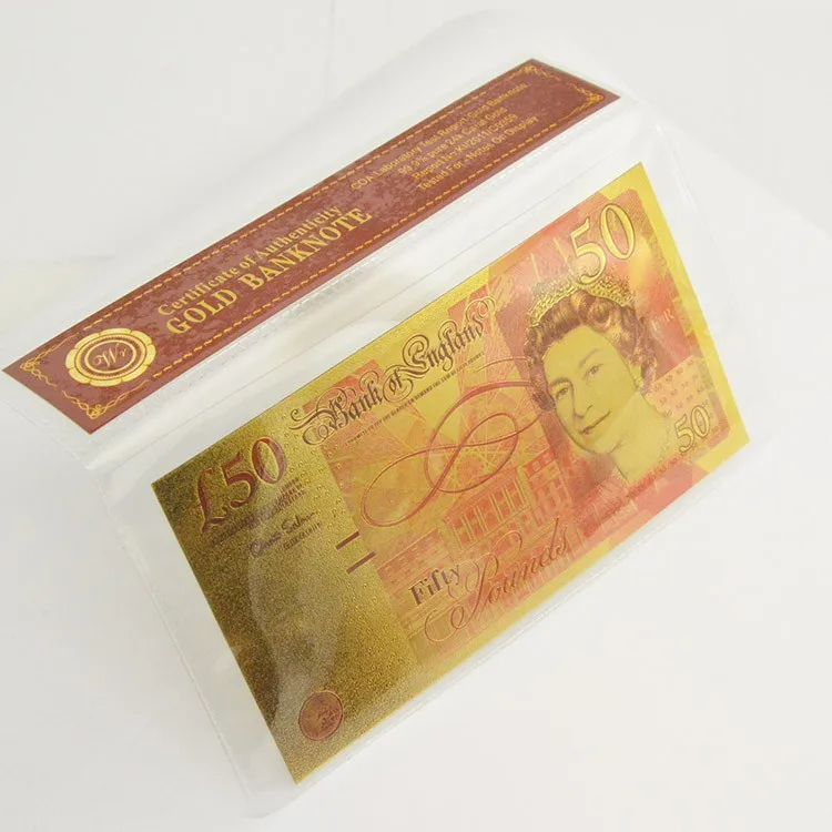 Новые удивительные цветные Великобритания 50 фунтов золотые банкноты покрытием британский фунт Реплика банкноты с держатель из ПВХ