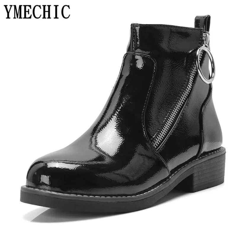 Женские лакированные ботинки YMECHIC черные красные ботильоны на среднем каблуке