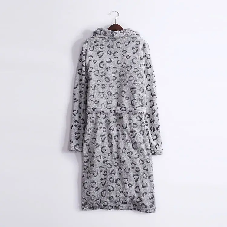 Унисекс Зимние Модные свободные леопардовые термо флисовые пижамы банный халат длиной до колен удобный мягкий пояс халат для отдыха