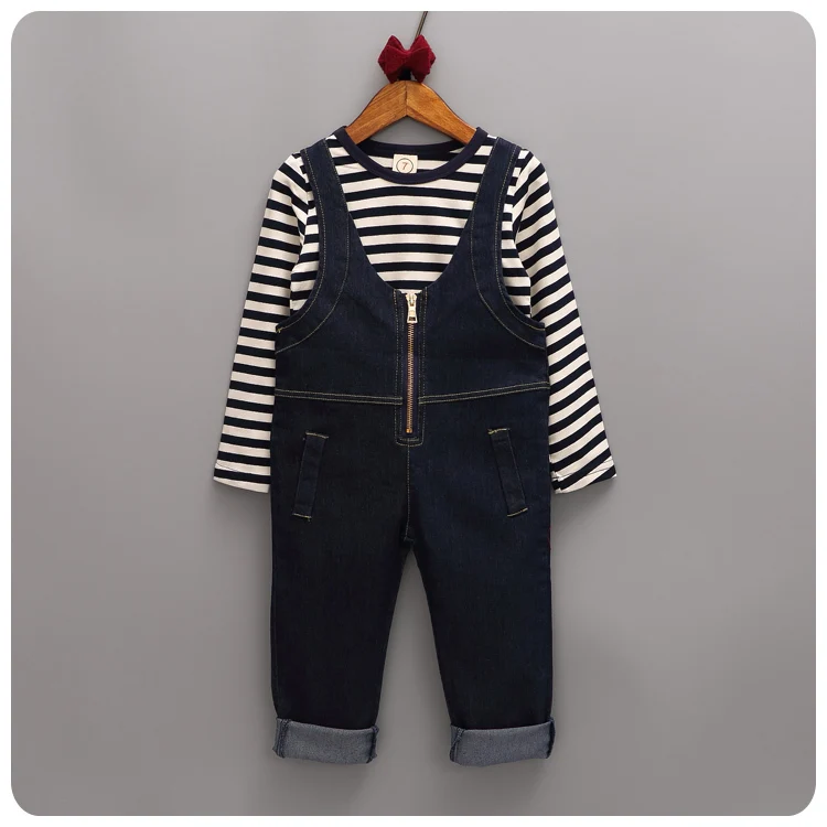 

2016 Korean Children's Garment Autumn Pattern Girl Baby Stripe Jacket Unlined Upper Garment Cowboy You 2 Pieces Suit