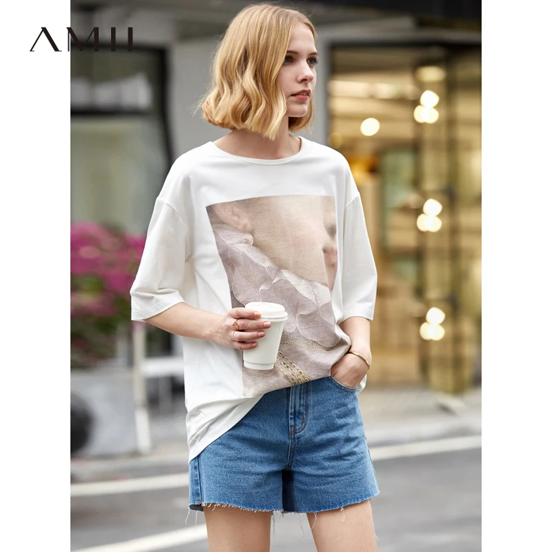 

Amii Minimalist Women T Shirt Spring Summer 2019 New Solid O Neck Loose Printed Streetwear Female Tops Tee