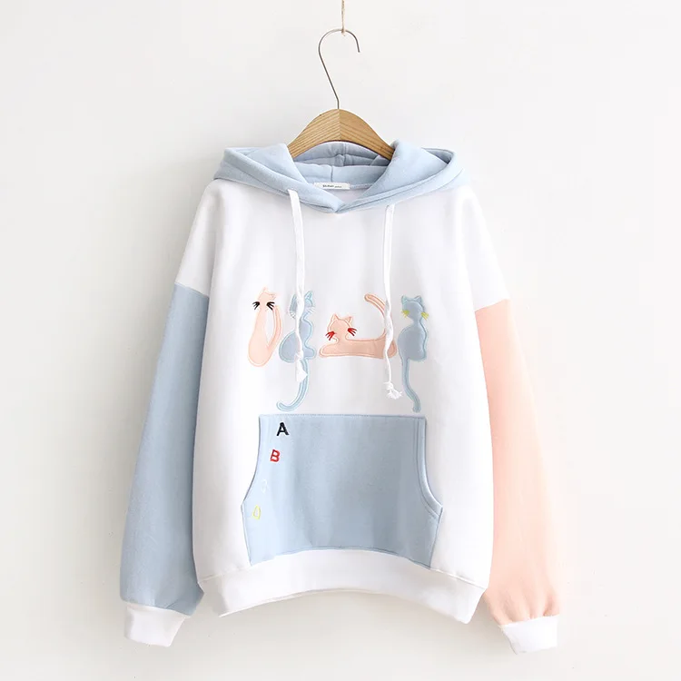 

autumn winter cat stitch pullover hooded Sweatshirts women