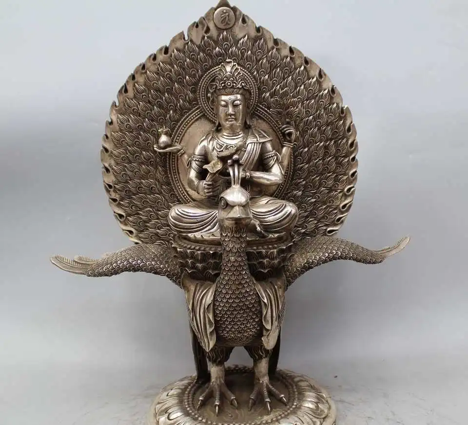 

18" Tibet Buddhist Silver GuanYin Kwan-Yin Peacock King Mahamayuri Buddha Statue
