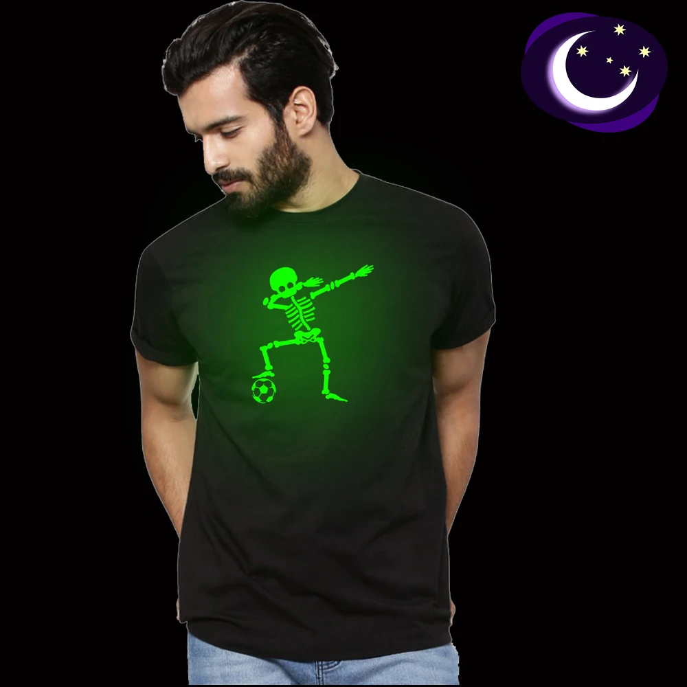 

Hip Hop Fluorescent Soccer Dabbing Skeleton Mens T-Shirt Punk Black Shirts Luminous Men Funny Skull T Shirts Glow In Dark Tees