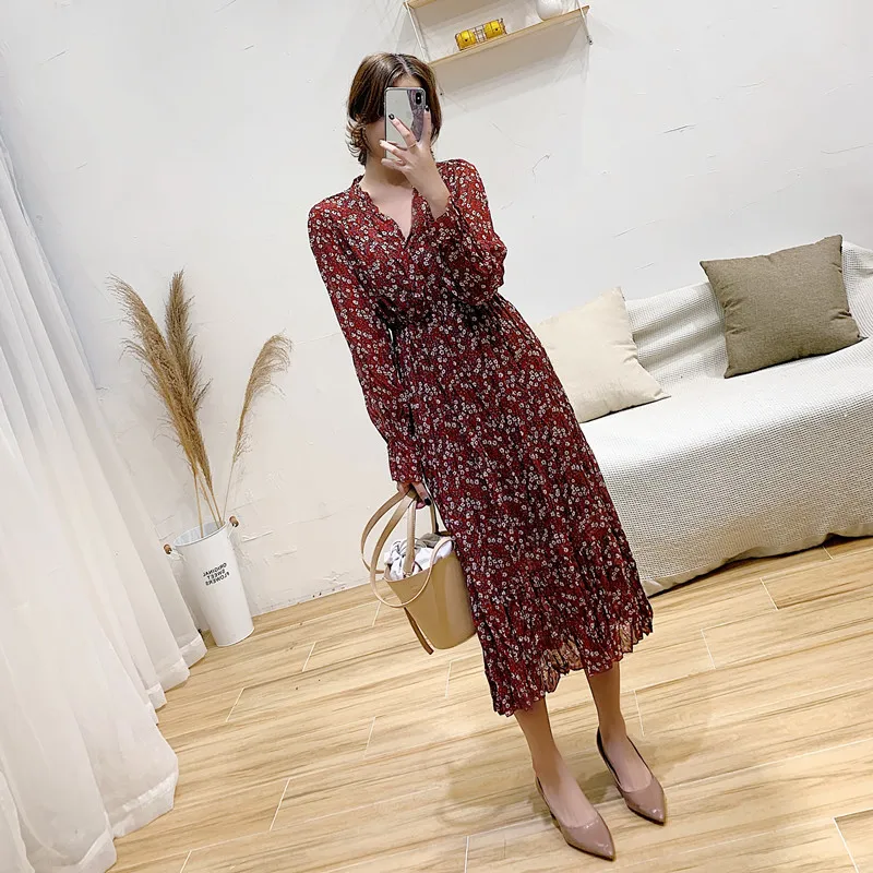 

2019 Spring New Women V Neck Casual Beach Party Floral Print Long Sleeve Dress Cotton Pleated Dress Elegant Dress Dress Elegant