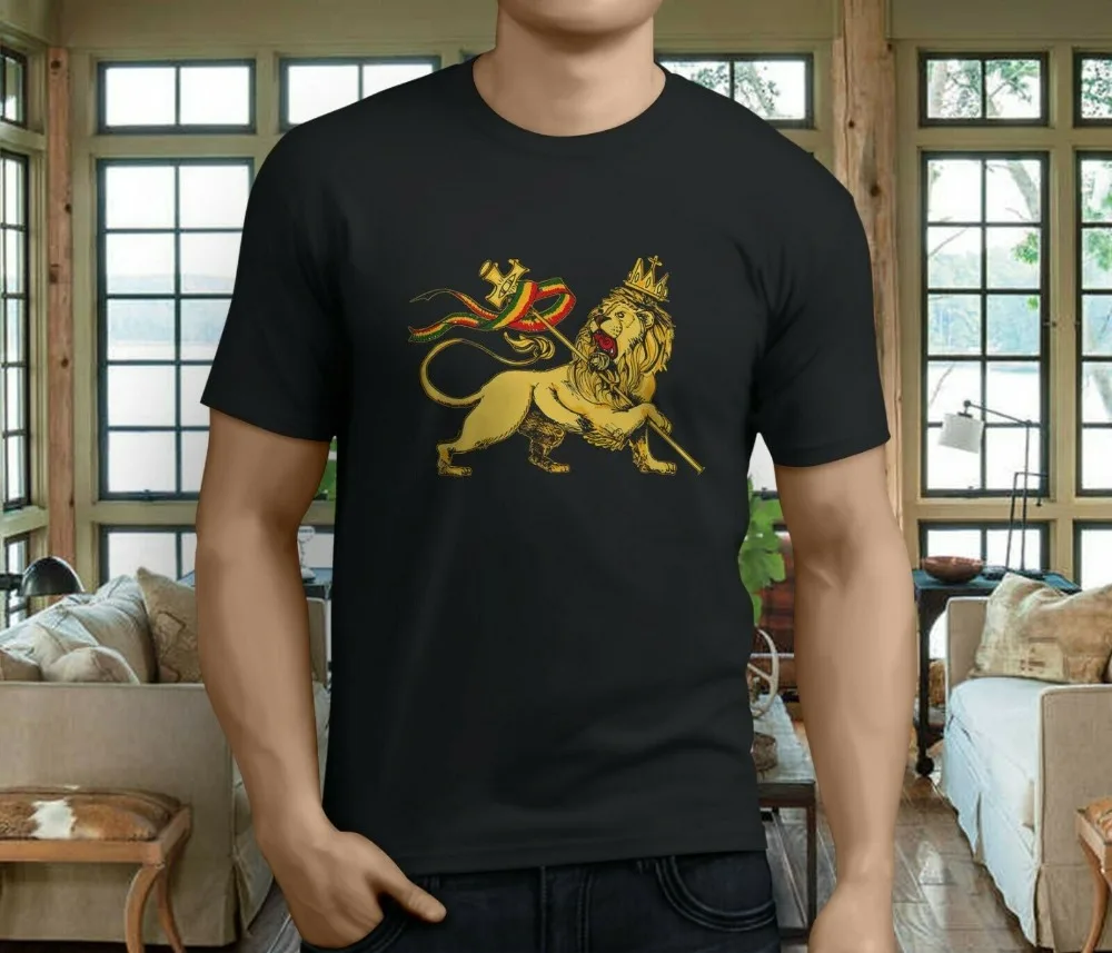 

New Africa Rasta Strong Lion Rastafarian Reggae Men'S Black T-Shirt 2019 Short Sleeve Hip Hop Starnger Things Polyester T Shirt
