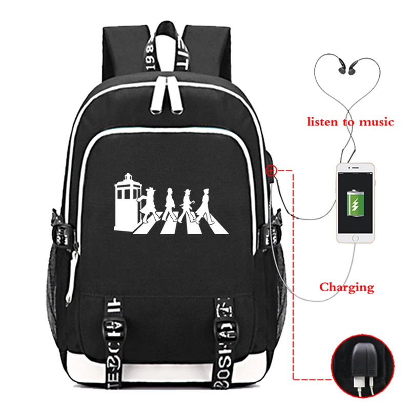 Doctor Who Backpack Daily School Bags for Teenagers USB Charge Headphone Jack Laptop Backpack Boys Girls Travel Rucksack mochila