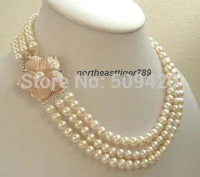 

Free Shipping 3 Rows Genuine White Pearl Pink Shell Flower Clasp Necklace