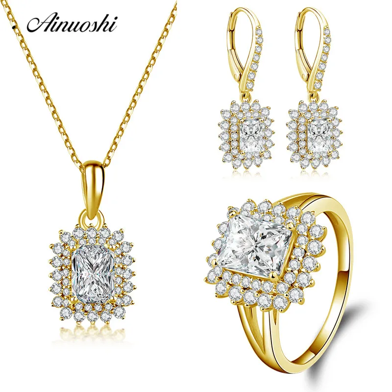 

AINUOSHI 10K Solid Yellow Gold Jewelry Set Rectangle Cut Pendant Halo Ring Drop Earring Luxury Wedding Women Jewelry Set Gift