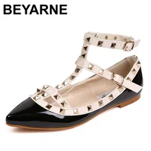New rivet pointed toe women color block patent leather gladiator flats sexy stud women ballet flat shoes brand flats
