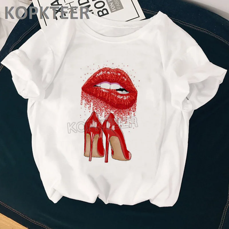 

Harajuku T Shirt Red Lips and Shoes Graphic Tees Camiseta Mujer Tee Shirt Femme Streetwear Women Vogue Clothes 2019 Ulzzang Tops