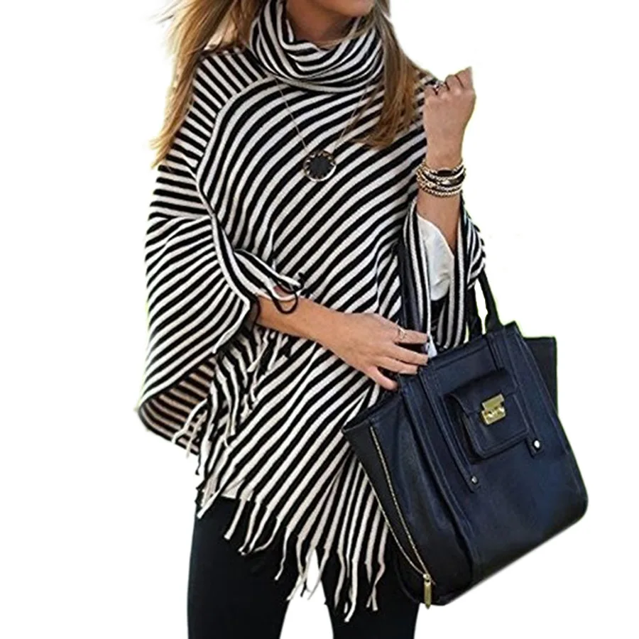 

Striped Cape Femme Coat Autumn Winter Turtleneck Cloak Sweater Women Pullover Knitted Batwing Sleeve Ladies Capes Sweater Mujer