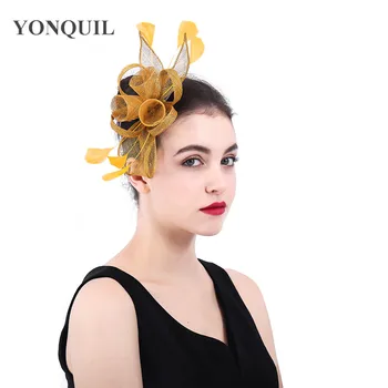 

elegant ladies sinamay headwear Fascinators hat women wedding with feather decor church cocktail hair comb 2019 Multiple colors