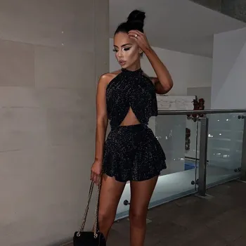 

Women Sexy Sleeveless Crop Top Short Skirt Set Two Piece Set Solid Halter High Waist 2 Piece Suit Festival Party Outfits
