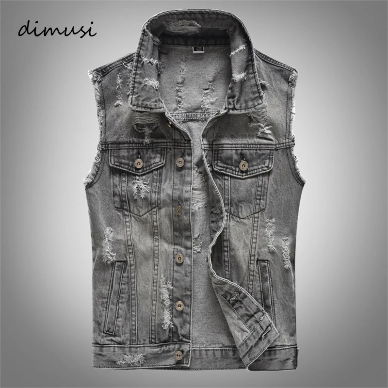 DIMUSI, весенне-осенний винтажный дизайнерский мужской джинсовый жилет, мужские куртки без рукавов Retor, мужские рваные джинсовые жилеты, одежда 5XL