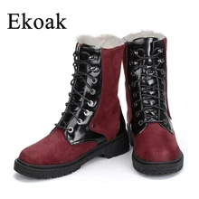 Ekoak/очень теплые зимние сапоги женские зимние ботинки Осенние женские ботильоны женская обувь на шнуровке из флока, на шнуровке на среднем Женские Ботинки на каблуке