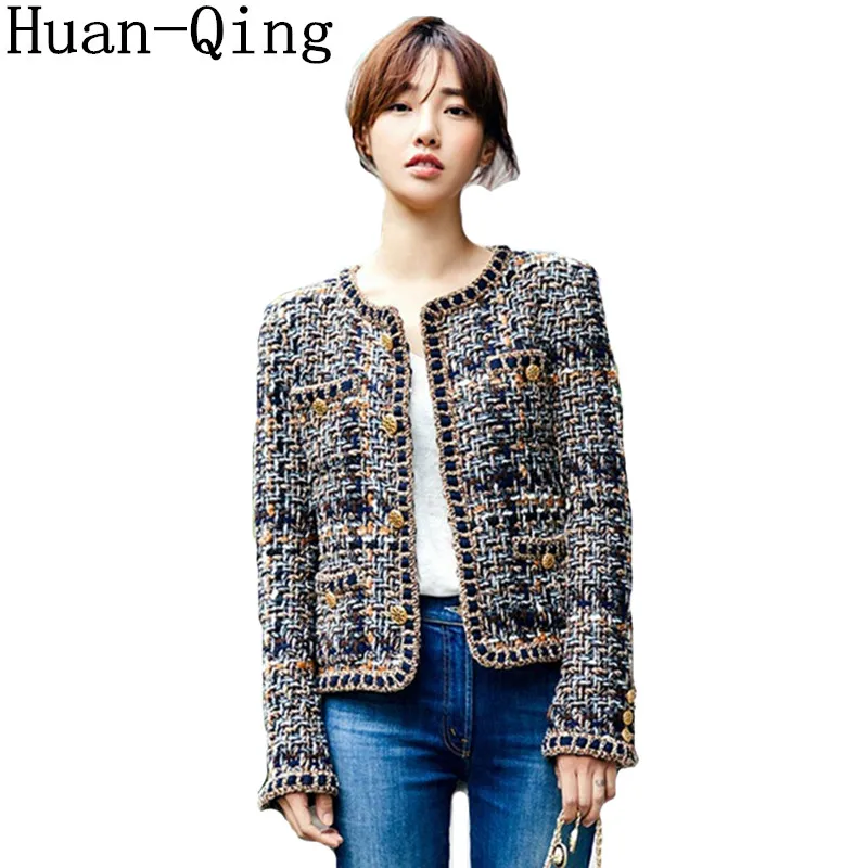 

Korean Autumn Ladies Vintage Single Breasted Tweed Short Jacket Coat Fashion Women Long Sleeve Casaco Outerwear Coat Windbreaker