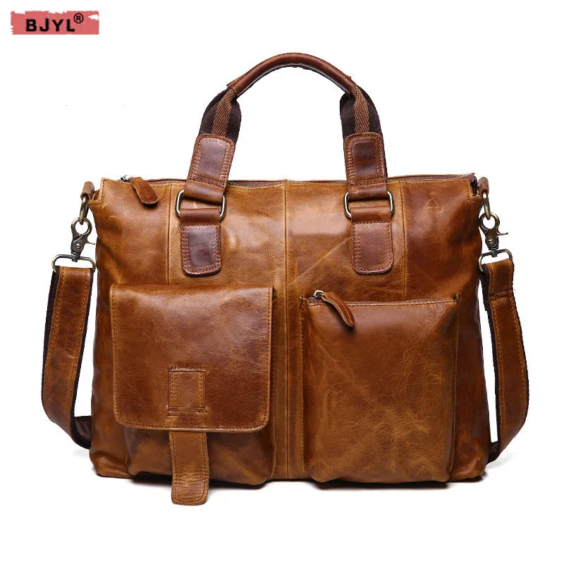 

BJYL fashion 100% Genuine Leather Men handbags Vintage Cowhide male Briefcase Bussiness Laptop Man Messenger Travel Bags