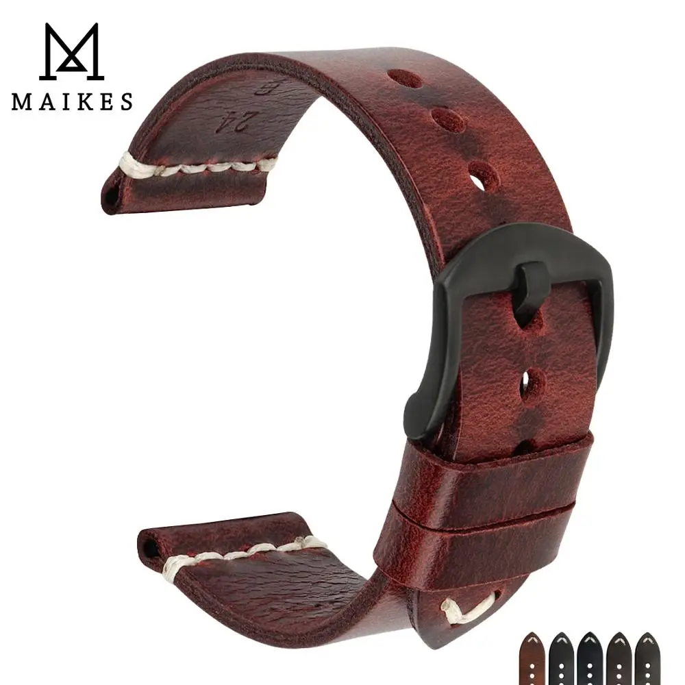 MAIKES Luxury Leather Watch Band with Steel Buckle - Retro Red Grain, 6 Color Options