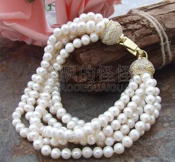 

B030606 8" 6Strands White Pearl Bracelet CZ Pave Clasp