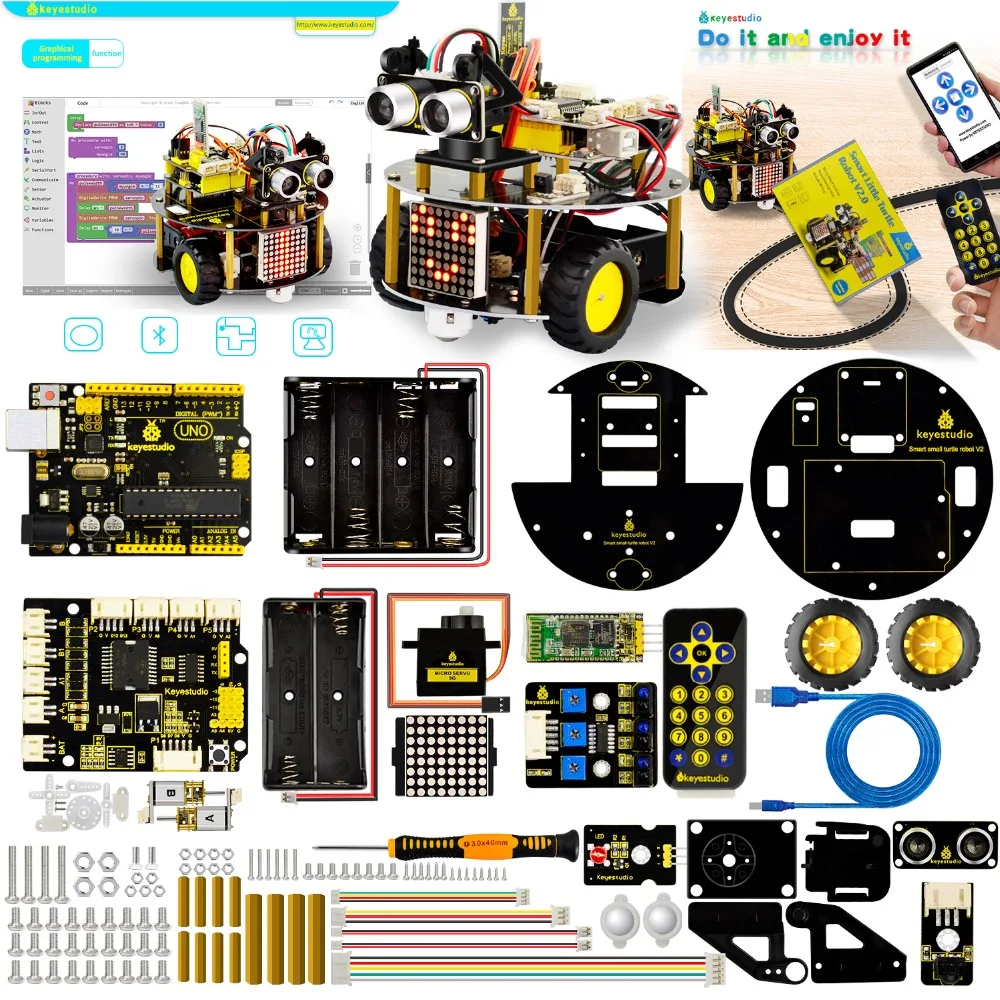 Новинка! Keyestudio Смарт маленькая черепаха робот автомобильный комплект V2.0 W/графическое Программирование+ Руководство пользователя(Английский) для Arduino робот