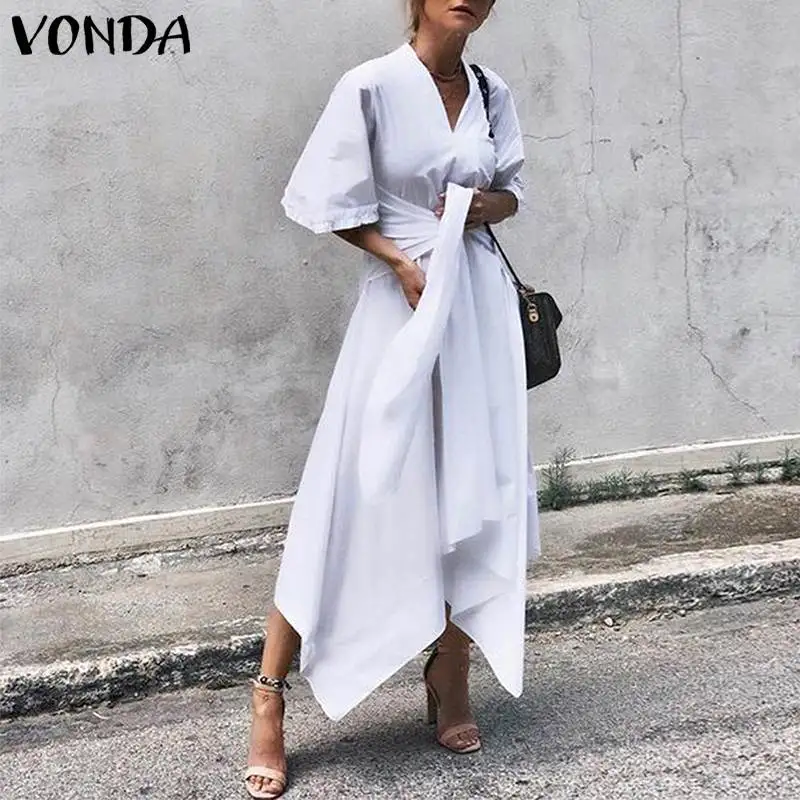 

Summer Long Dress VONDA 6 Colors Women Vintage V Neck High Waist Belt Asymmetrical Dress 2019 Party Vestido Robe Femme Plus Siz