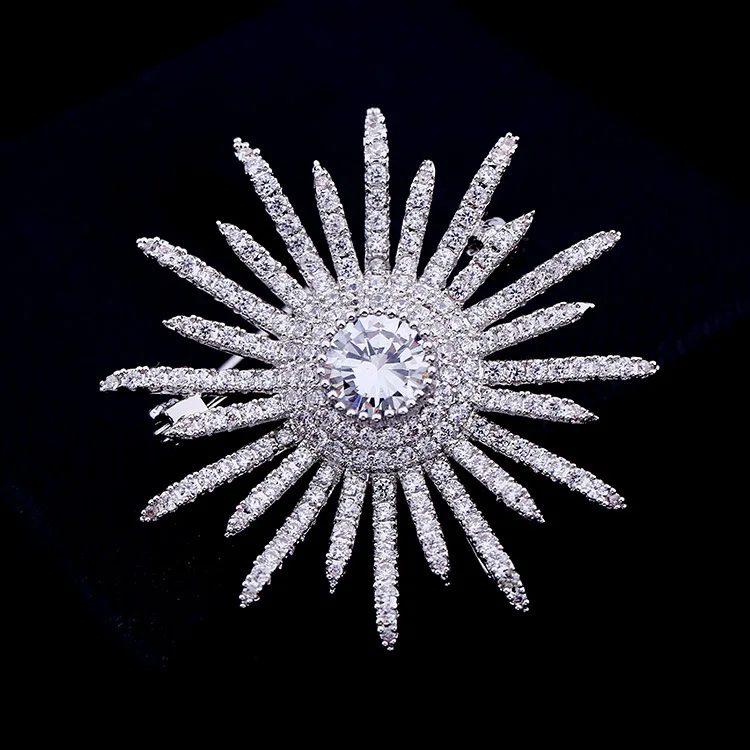 Bling Micro Pave Clear CZ Multi Irregular Points Round Shaped Atomic Burst Star Brooches Spiky Pins for Women V Neck Collar Bag