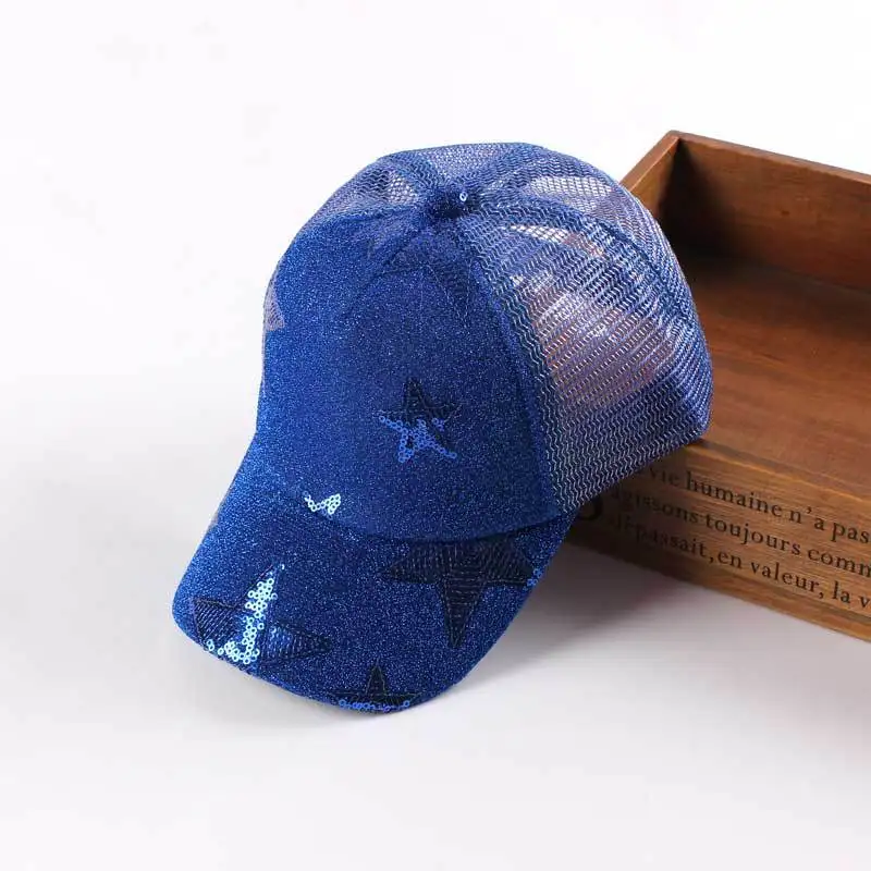 Лето женщин и детей пятиконечная принт в виде звезд Bling сетки Кепки Snapback Бейсболка Trucker Hat - Цвет: Синий