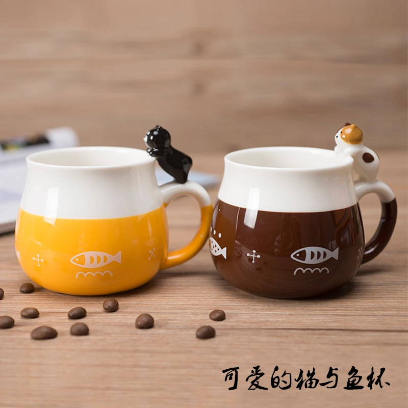 

Lovely Cat and fish Handle Mugs Cup Creative Ceramic Coffee Tea Milk Drinkware