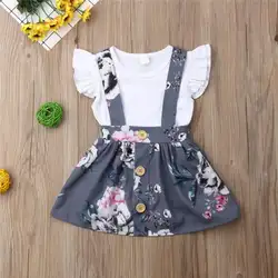 Модное летнее платье для маленьких девочек с цветочным рисунком и расширяющимся книзу рукавом и узором ремешок комбинезона Мини-юбки