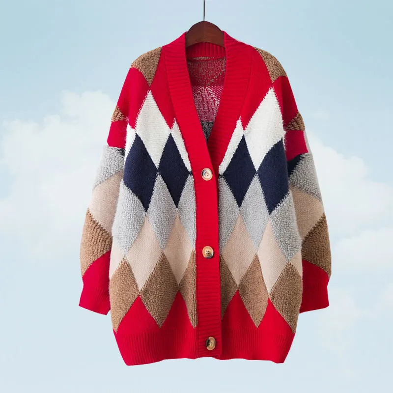 

Geometric Diamond Lattice Color Matching Spring Autumn Knit Cardigan Female Lazy Wind Korean Thicken Loose Sweater Women SS86