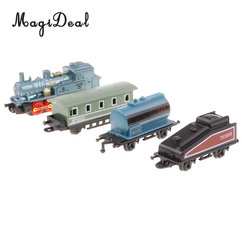 4Pcs Blue Mini Steam Train Set, 1 Locomotive Engine and 3 Railway Carriages, Kids Toddler Fun Toy Collectibles