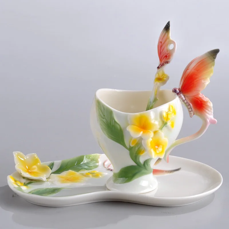 2014 Chinese Tea Ceramic coffee Cup Set Butterfly Plumeria Design