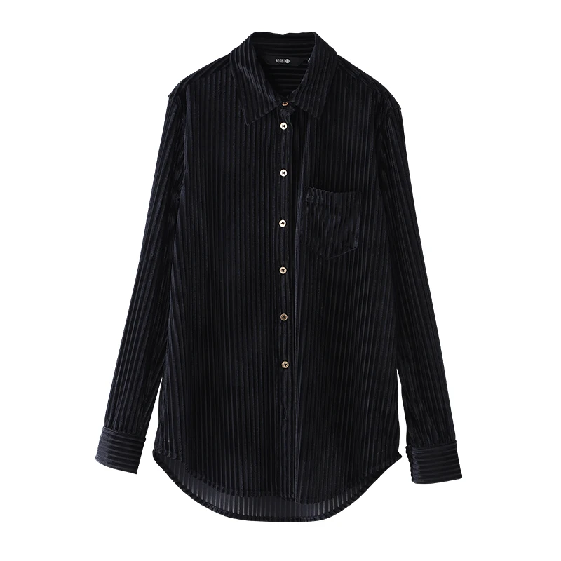  Toyouth Office Ladies Velvet White Shirts Solid Long Sleeve Blouse Women Striped Turn-Down Collar S