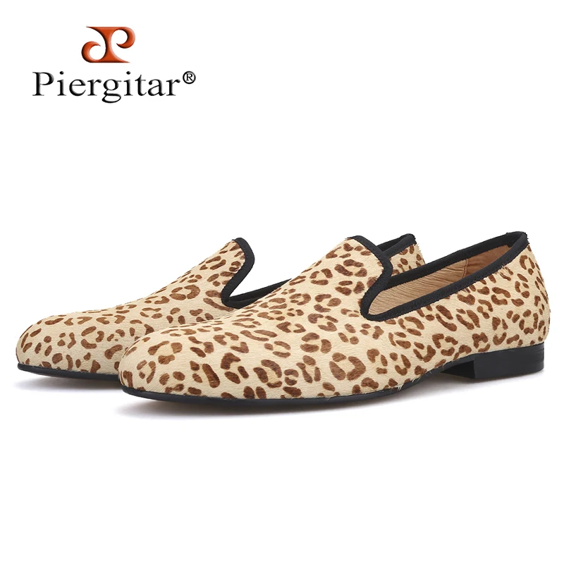 Piergitar 2019 New Horsehair Leopard Print Men Suede shoes Handmade party Men s Loafers Smoking Slipper Men Flats plus size