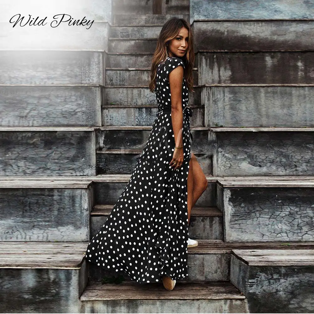 Черный WildPinky Boho горошек длинные платья Для женщин Разделение короткий рукав Летнее Повседневное платье уличная Черный Макси платье Vestidos - Цвет: Черный