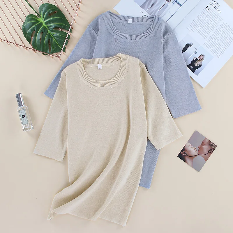 

2019 Knitted Slim O-Neck Tshirt Women Thin Ice Silk Pullover T-shirt Soft Solid Short Sleeve Tops Clothing High Quality