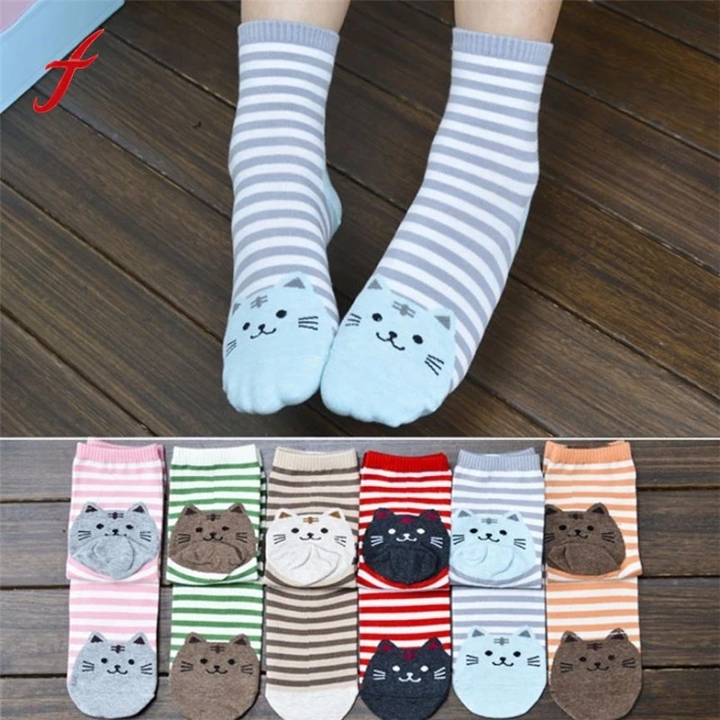 Newly Design Cute Cartoon Cat Socks Striped Pattern Women Cat Footprints Cotton Socks Floor Winter 3D Socks Drop Shipping