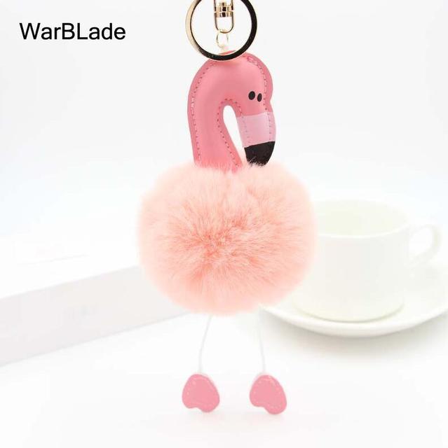 New Flamingo Pompom Keychain Fluffy Fake Rabbit Fur Ball Key Chain Porte clef Women Car Bag pompon Key Ring Accessories
